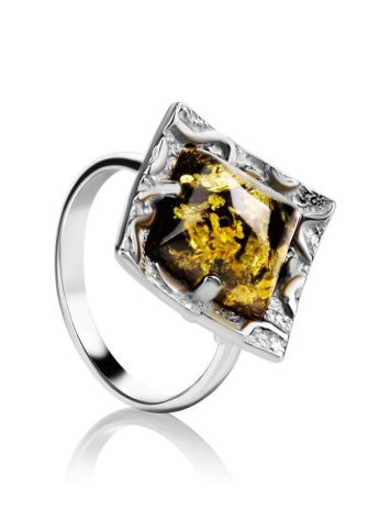 Geometric Silver Ring With Bright Green Amber The Hermitage, Ring Size: Adjustable, image 