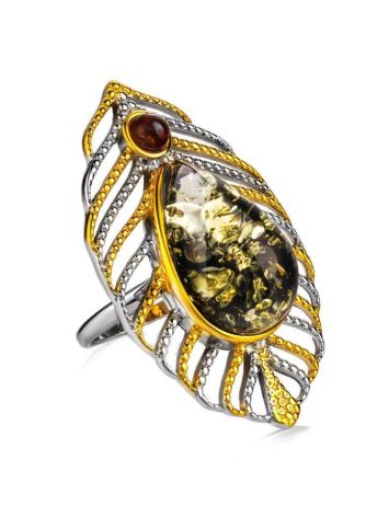 Эффектное кольцо «Павлин» из серебра с позолотой и зелёного янтаря 17.5, Ring Size: 12 / 21.5, image 