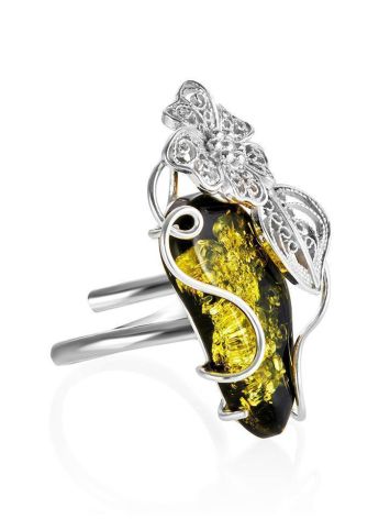 Bold Green Amber Handcrafted Cocktail Ring In Silver The Dew, Ring Size: Adjustable, image 