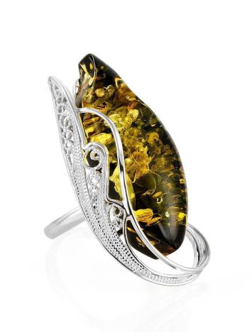 Handcrafted Silver Cocktail Ring With Green Amber Stone The Dew, Ring Size: Adjustable, image 