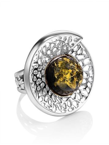 Bold Silver Ring With Round Green Amber Stone The Venus, Ring Size: Adjustable, image , picture 3