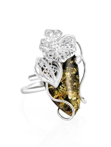 Gorgeous Silver Handcrafted Cocktail Ring With Green Amber The Dew, Ring Size: Adjustable, image 