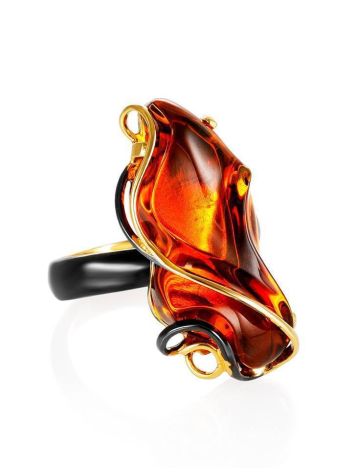 Handcrafted Gold Plated Cocktail Ring With Cognac Amber The Rialto, Ring Size: Adjustable, image 