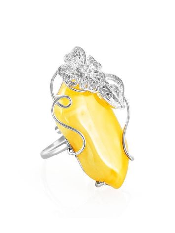 Voluptuous Cocktail Ring With Amber Center Stone In Silver The Dew, Ring Size: Adjustable, image 