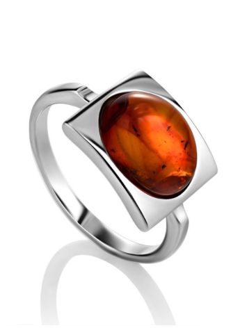 Geometric Silver Ring With Oval Amber Stone The Saturn, Ring Size: 6 / 16.5, image 
