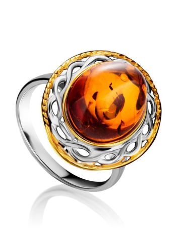 Кольцо из коньячного янтаря в ажурной оправе с позолотой «Вавилон» 17, Ring Size: 13 / 22, image 