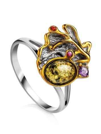 Gold Plated Ring With Green Amber And Crystals The Beatrice, Ring Size: 13 / 22, image 