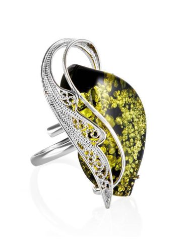 Bold Handcrafted Silver Ring With Green Amber The Dew, Ring Size: Adjustable, image 