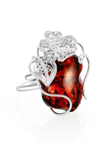Bold Handcrafted Silver Ring With Cherry Amber Stone The Dew, Ring Size: Adjustable, image 