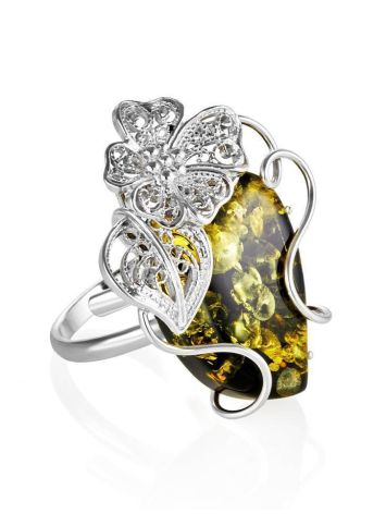 Bold Designer Green Amber Ring In Sterling Silver The Dew, Ring Size: Adjustable, image 