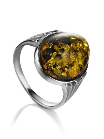 Statement Silver Ring With Bold Green Amber Stone, Ring Size: 9 / 19, image 