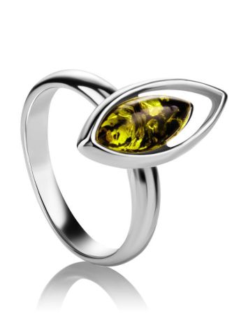 Лёгкое изящное кольцо из серебра и зелёного янтаря «Акация» 16, Ring Size: 13 / 22, image 