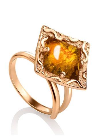 Geometric Gold-Plated Adjustable Ring With Lemon Amber The Hermitage, Ring Size: Adjustable, image 
