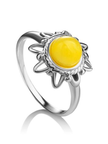 Silver Ring With Honey Amber Centerpiece The Helios, Ring Size: 5 / 15.5, image 
