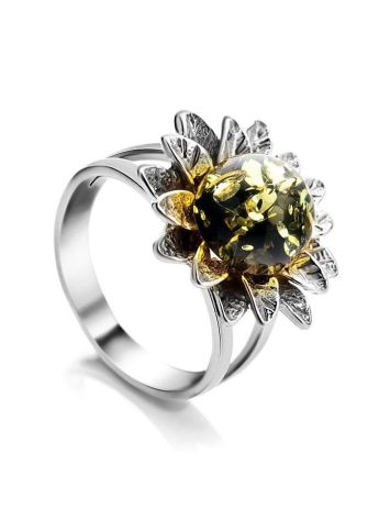 Очаровательное кольцо из серебра и янтаря зелёного цвета «Астра» 16.5, Ring Size: 10 / 20, image 