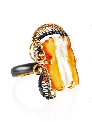 Оригинальное кольцо из филигранного серебра с янтарём «Версаль» б/р, Ring Size: Adjustable, image 