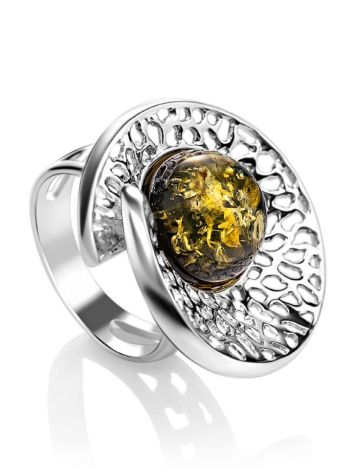Bold Silver Ring With Round Green Amber Stone The Venus, Ring Size: Adjustable, image 