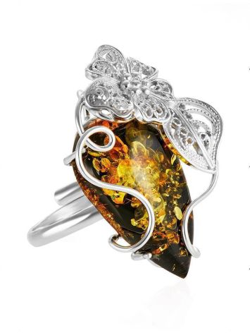 Bold Handcrafted Silver Floral Ring With Green Amber The Dew, Ring Size: Adjustable, image 
