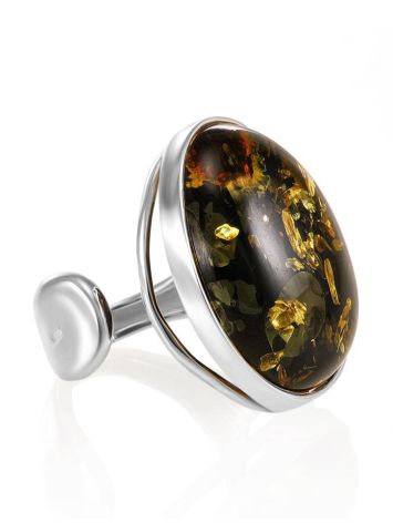 Bold Adjustable Ring With Green Amber In Silver The Glow, Ring Size: Adjustable, image 