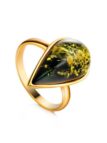 Green Amber Adjustable Ring In Gold Plated Silver The Pulse, Ring Size: Adjustable, image 