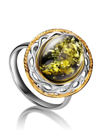 Яркое кольцо из зелёного янтаря в серебре с позолотой «Вавилон» 16.5, Ring Size: 13 / 22, image 