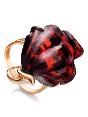 Яркое крупное кольцо «Роза» с янтарём коньячного цвета в позолоте 16, Ring Size: 11.5 / 21, image 