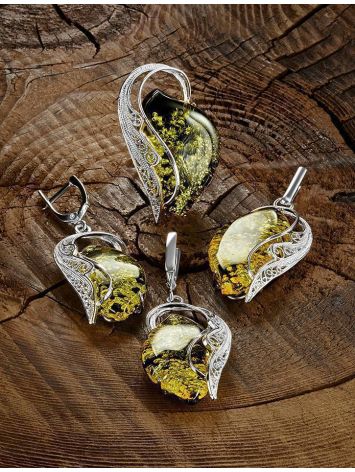 Unique Sterling Silver Floral Earrings With Sparkling Green Amber The Dew, image , picture 4