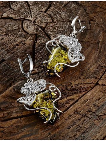 Unique Sterling Silver Floral Earrings With Sparkling Green Amber The Dew, image , picture 2
