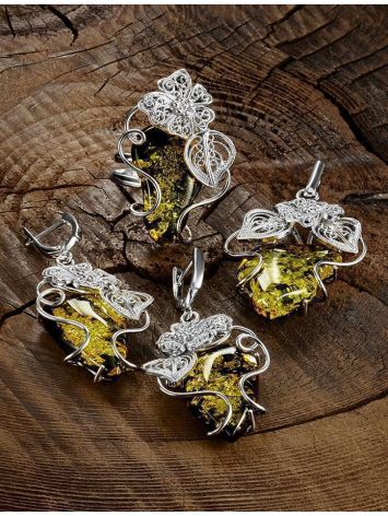 Unique Sterling Silver Floral Earrings With Sparkling Green Amber The Dew, image , picture 4