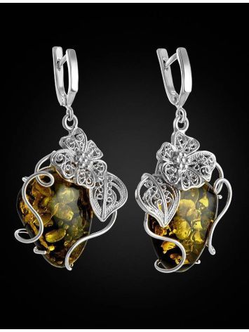 Unique Sterling Silver Floral Earrings With Sparkling Green Amber The Dew, image , picture 3