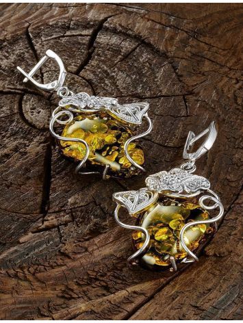 Unique Sterling Silver Floral Earrings With Sparkling Green Amber The Dew, image , picture 2