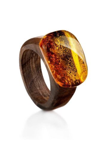 Wooden Ring With Bright Lemon Amber The Indonesia, Ring Size: 6 / 16.5, image 