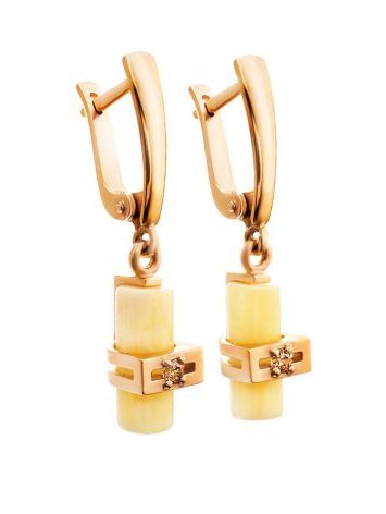 Stylish Golden Dangle Earrings With Honey Amber And Crystals, image 