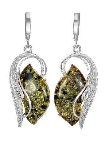 Unique Sterling Silver Floral Earrings With Sparkling Green Amber The Dew, image 