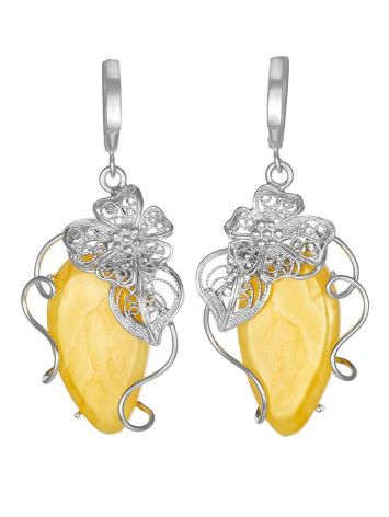 Unique Sterling Silver Floral Earrings With Sparkling Honey Amber The Dew, image 