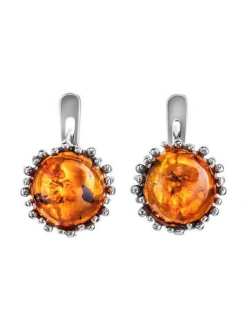 Round Silver Earrings With Cognac Amber The Brunia, image 