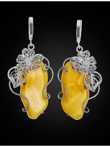 Unique Sterling Silver Floral Earrings  With Bright Lemon Amber The Dew, image , picture 3