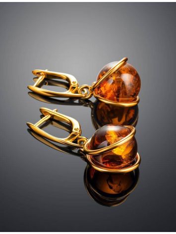 Charming Gold-Plated Earrings With Bright Cognac Amber The Flamenco, image , picture 2