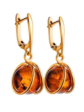 Charming Gold-Plated Earrings With Bright Cognac Amber The Flamenco, image , picture 3