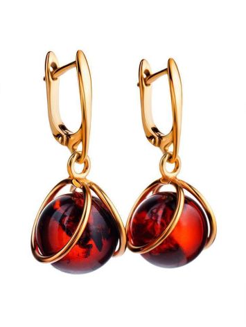 Charming Gold-Plated Earrings With Bright Cherry Amber The Flamenco, image , picture 3