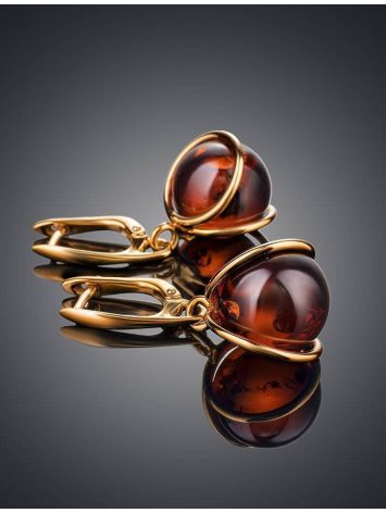 Charming Gold-Plated Earrings With Bright Cherry Amber The Flamenco, image , picture 2