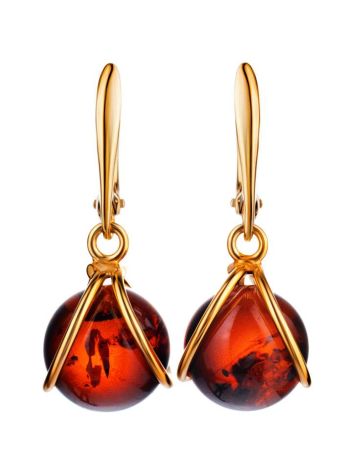 Charming Gold-Plated Earrings With Bright Cherry Amber The Flamenco, image 