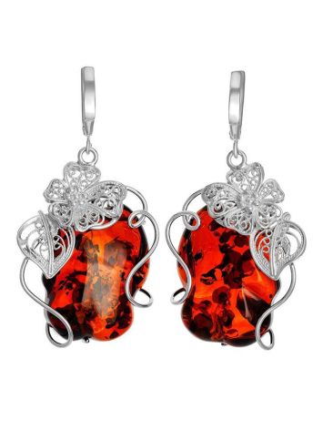 Unique Sterling Silver Floral Earrings  With Bright Lemon Amber The Dew, image 