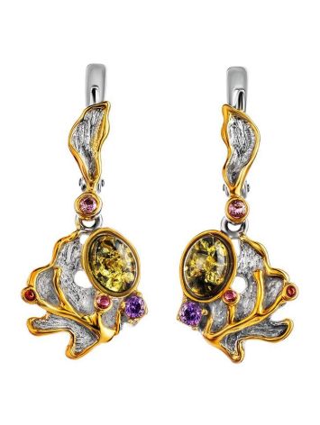 Gold-Plated Silver Drop Earrings With Green Amber And Crystals The Beatrice, image 