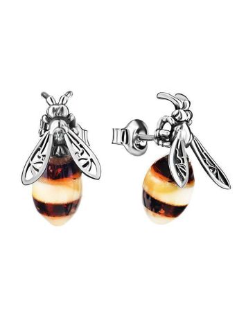 Cute Silver And Amber Stud Earrings The Bee, image 