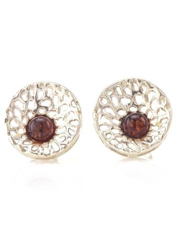 Lovely Round Silver Studs With Cherry Amber The Venus, image 
