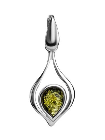 Elegant Silver Pendant With Teardrop Green Amber The Fiori, image 