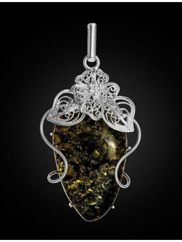 One-Of-A-Kind Silver Pendant With Polished Green Amber Stone The Dew, image , picture 3