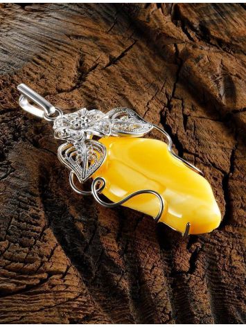 Handcrafted Silver Pendant With Polished Lemon Yellow Amber Stone The Dew, image , picture 3