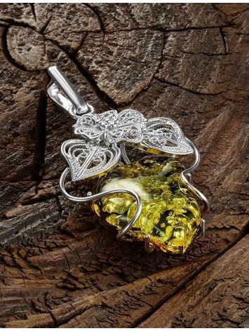 Exclusive Handcrafted Silver Pendant With Polished Green Amber Stone The Dew, image , picture 2